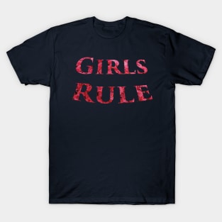 Girls Rule in Pink Flowers - Girl Power Word Art in a Navy Background T-Shirt